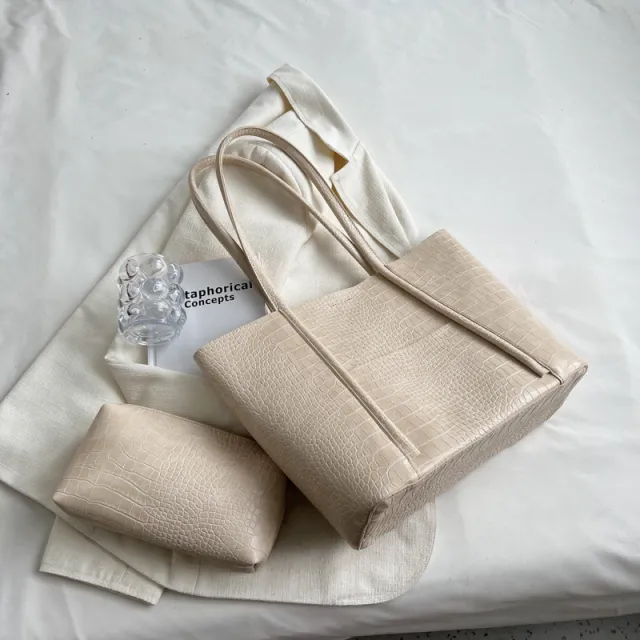 Advanced Texture Shoulder Soft Leather Western Style Commuter Tote Large Capacity Combination Bags Beige - Shop at LoveMi