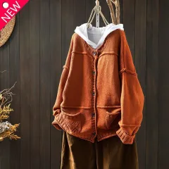 Women's Vintage Distressed Stitching Knitted Sweater - Orange Red - View 1