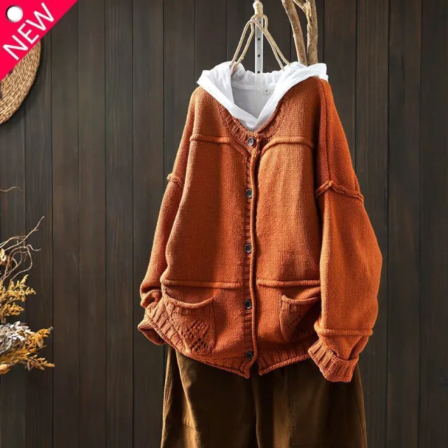 Women's Vintage Distressed Stitching Knitted Sweater Orange Red - Shop at LoveMi