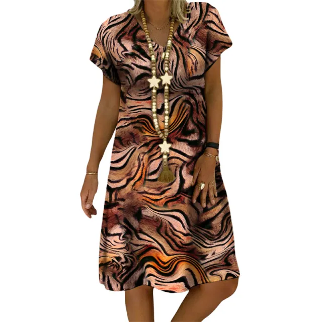 Spring And Summer European And American Women's Clothing Printed V neck Short Sleeve Mid length Dress Tan - Shop at LoveMi