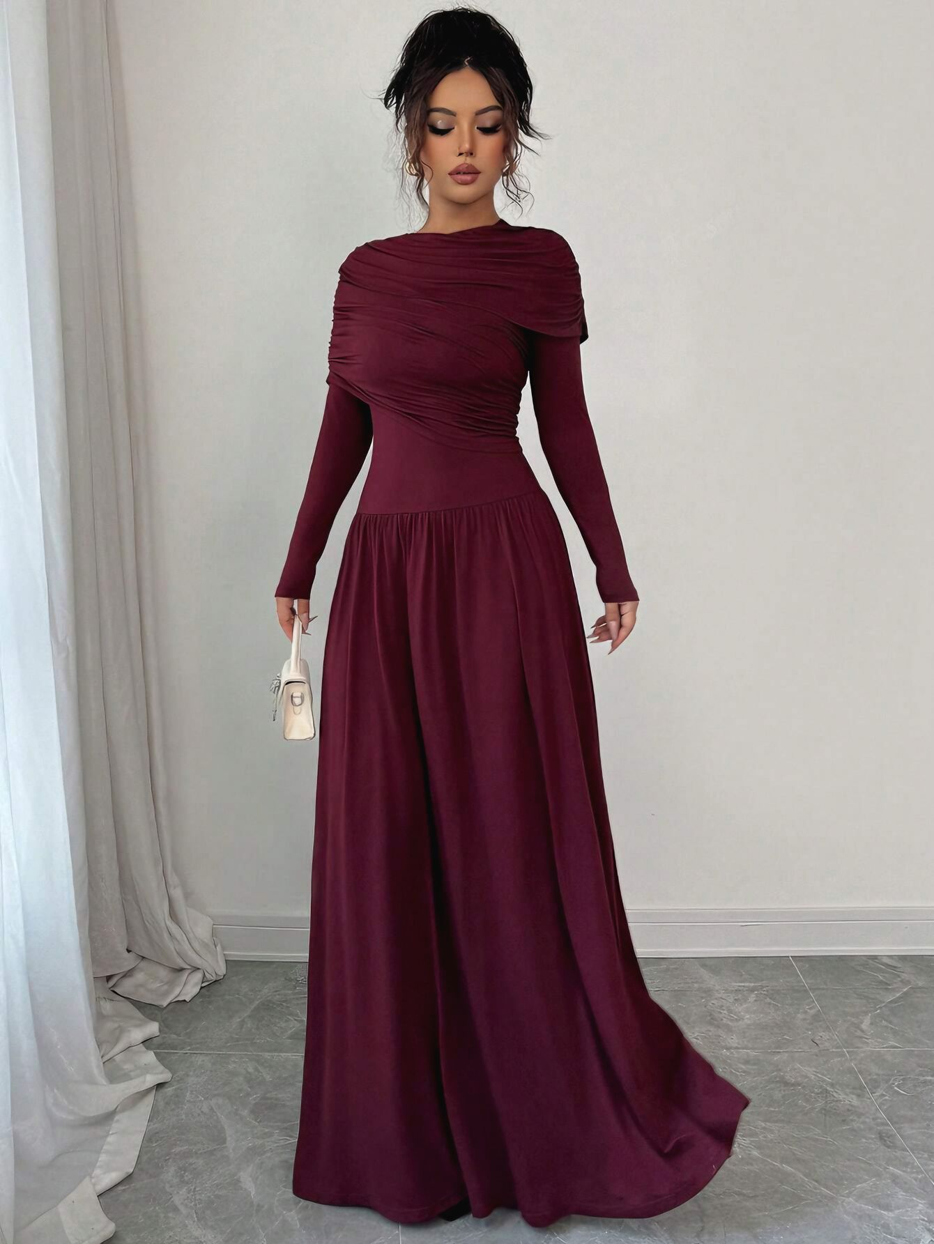 New Women's Fashion Elegant Shawl Solid Color Long Dress Wine - Shop at LoveMi