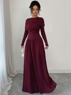 New Women's Fashion Elegant Shawl Solid Colour Long Dress - Wine Red - View 1