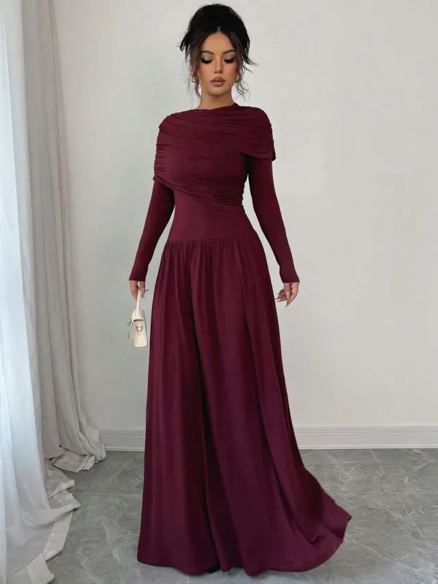 New Women's Fashion Elegant Shawl Solid Color Long Dress Wine Red - Shop at LoveMi