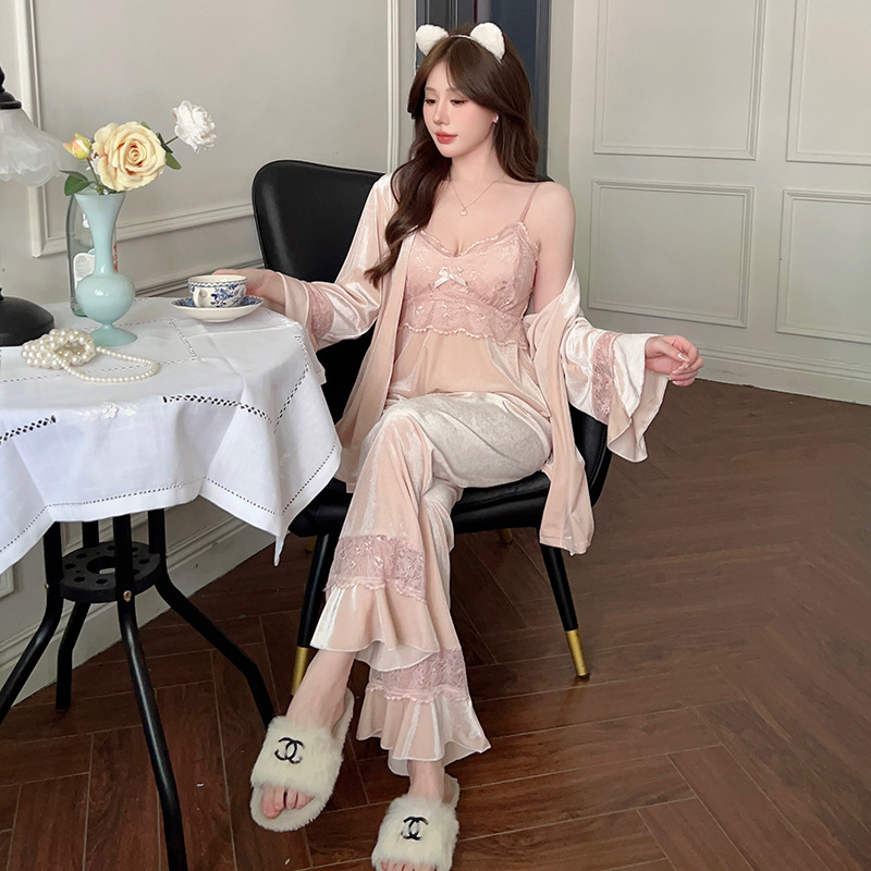 Gold Velvet Pajamas Women's Chest Pad Pure Desire Style Lace Suspenders Three piece Set Champagne Pink - Shop at LoveMi