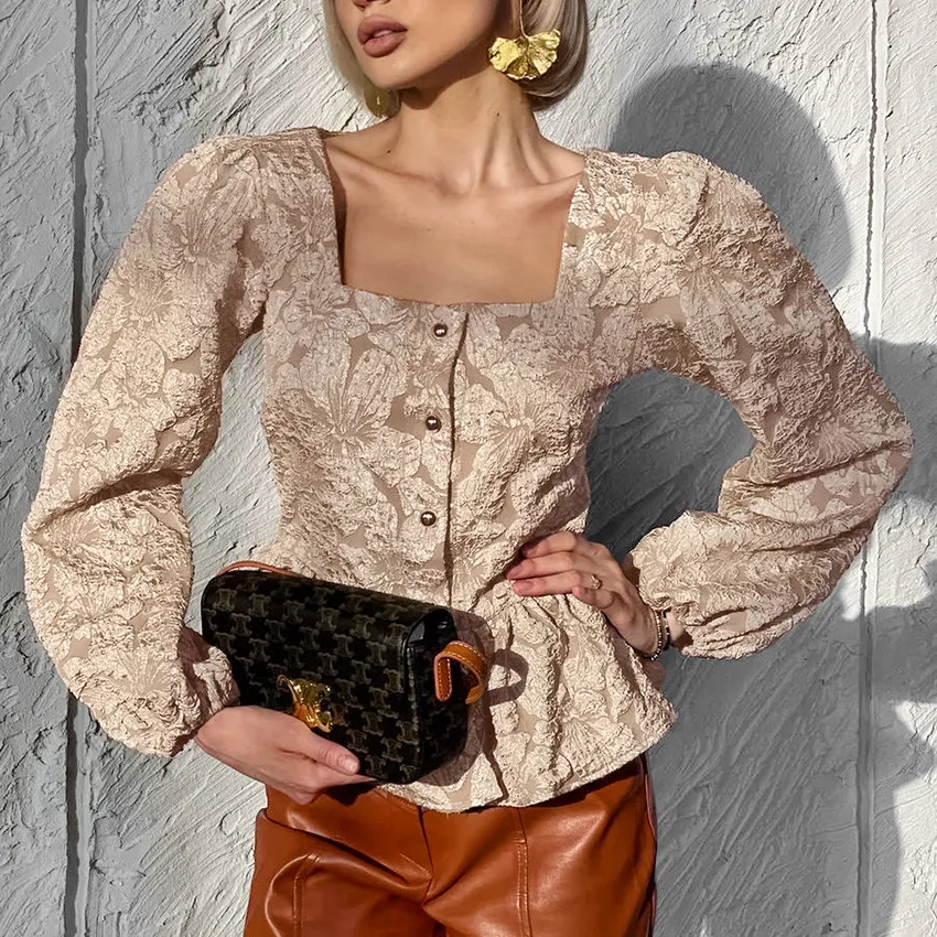 Women's French-style Square Collar Jacquard Blouse - Khaki