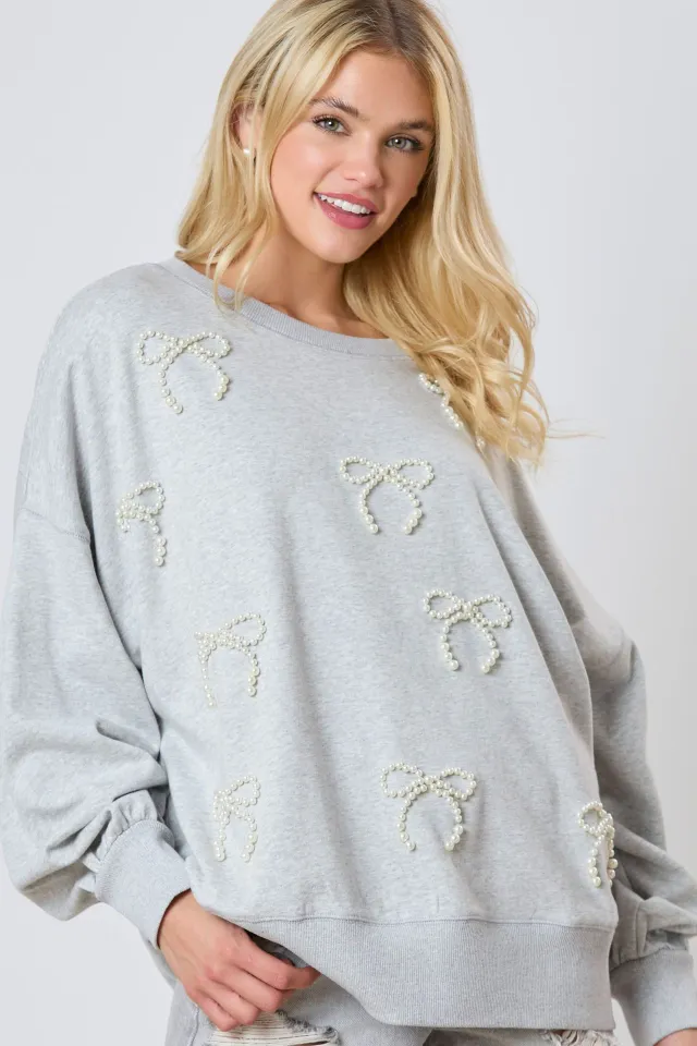 Autumn And Winter New European And American Pearls Bow Decoration Long sleeved Sweater Gray - Shop at LoveMi