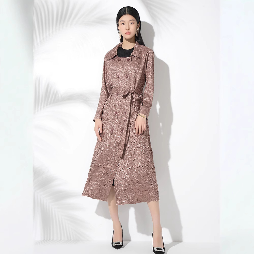 Women's Pleated Lapel Double Breasted Lace-up Waist Mid-length Trench Coat