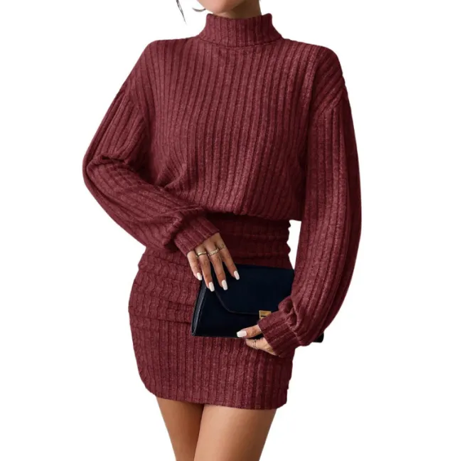 Hug hem Long sleeve Turtleneck Skirt Rib knit Dress Wine - Shop at LoveMi
