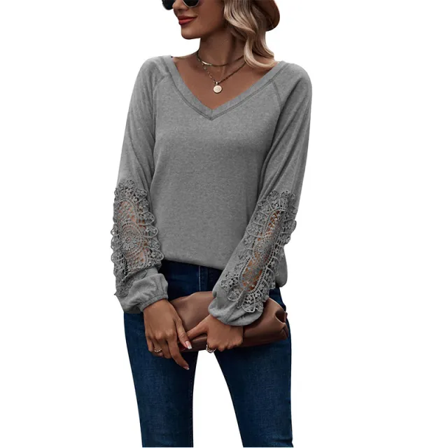 Loose Casual V neck Lace Lace Long sleeved Gray - Shop at LoveMi