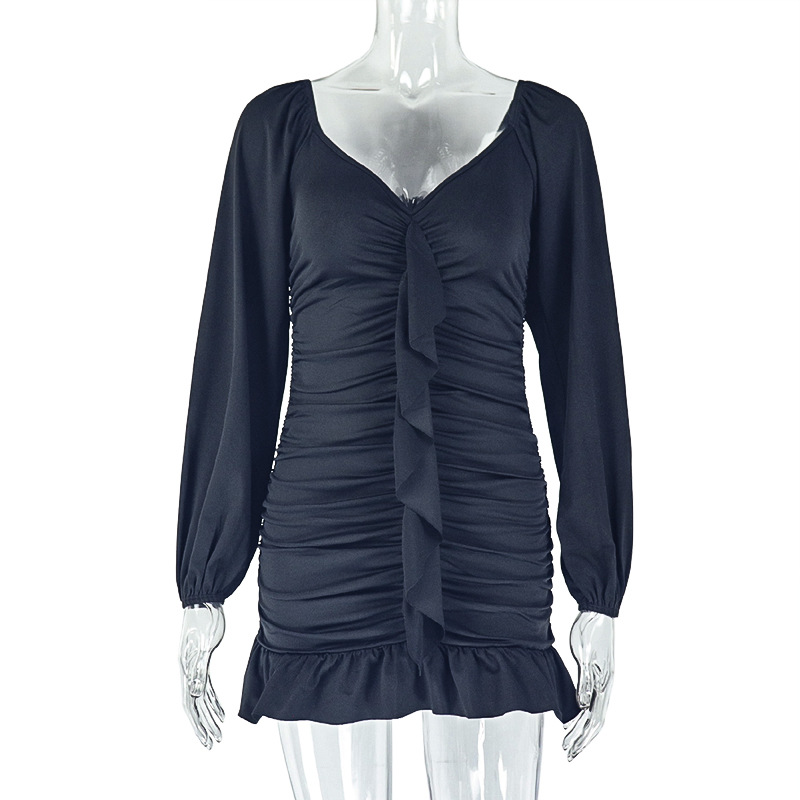 U neck Backless Long Sleeve Short Dress Black - Shop at LoveMi