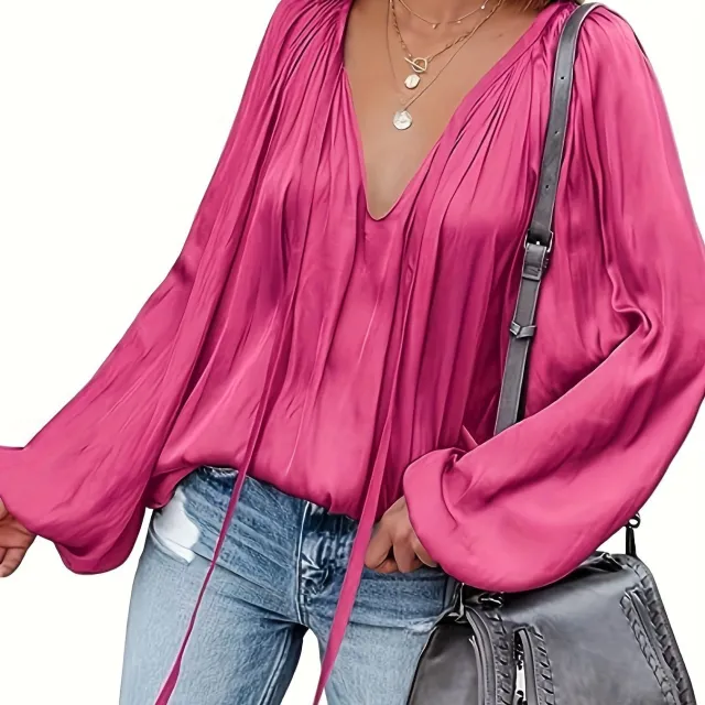 Women's Satin V neck Long Sleeve Shirt Casual Rose Red - Shop at LoveMi