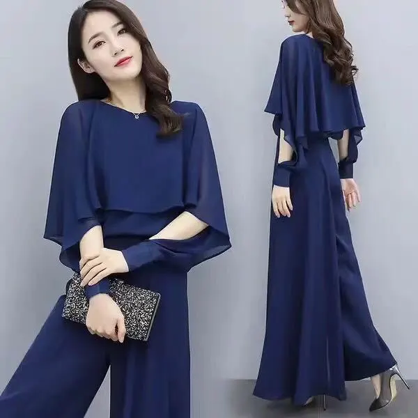 Casual Fashionable Wide Leg Pants Suit Women Dark Blue - Shop at LoveMi