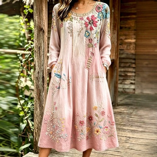 Womens 3D-printed Casual Embroidered Dress