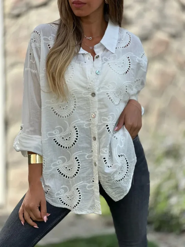 Women's Shirt Collar Loose Embroidery Hollow Out White - Shop at LoveMi