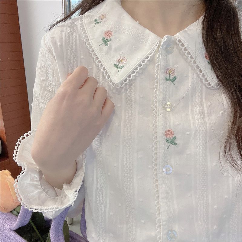 Autumn Winter Retro Girl Embroidery Loose Mori Doll Collar Shirt
