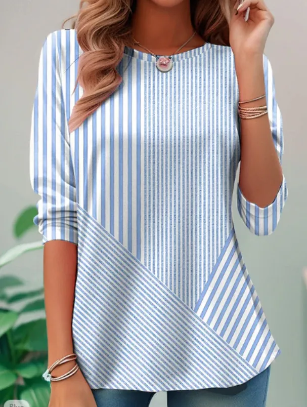 Cardigan V neck Shirt Asymmetric Striped Stitching Cotton And Linen Top Tx11Arp - Shop at LoveMi