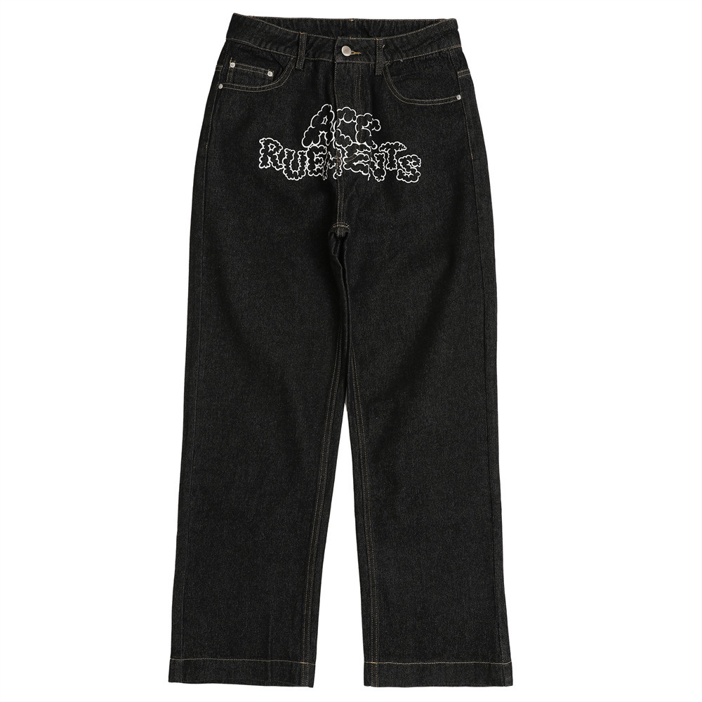 American Style Hip Hop Casual Loose Letter Printed Jeans For Women Black - Shop at LoveMi