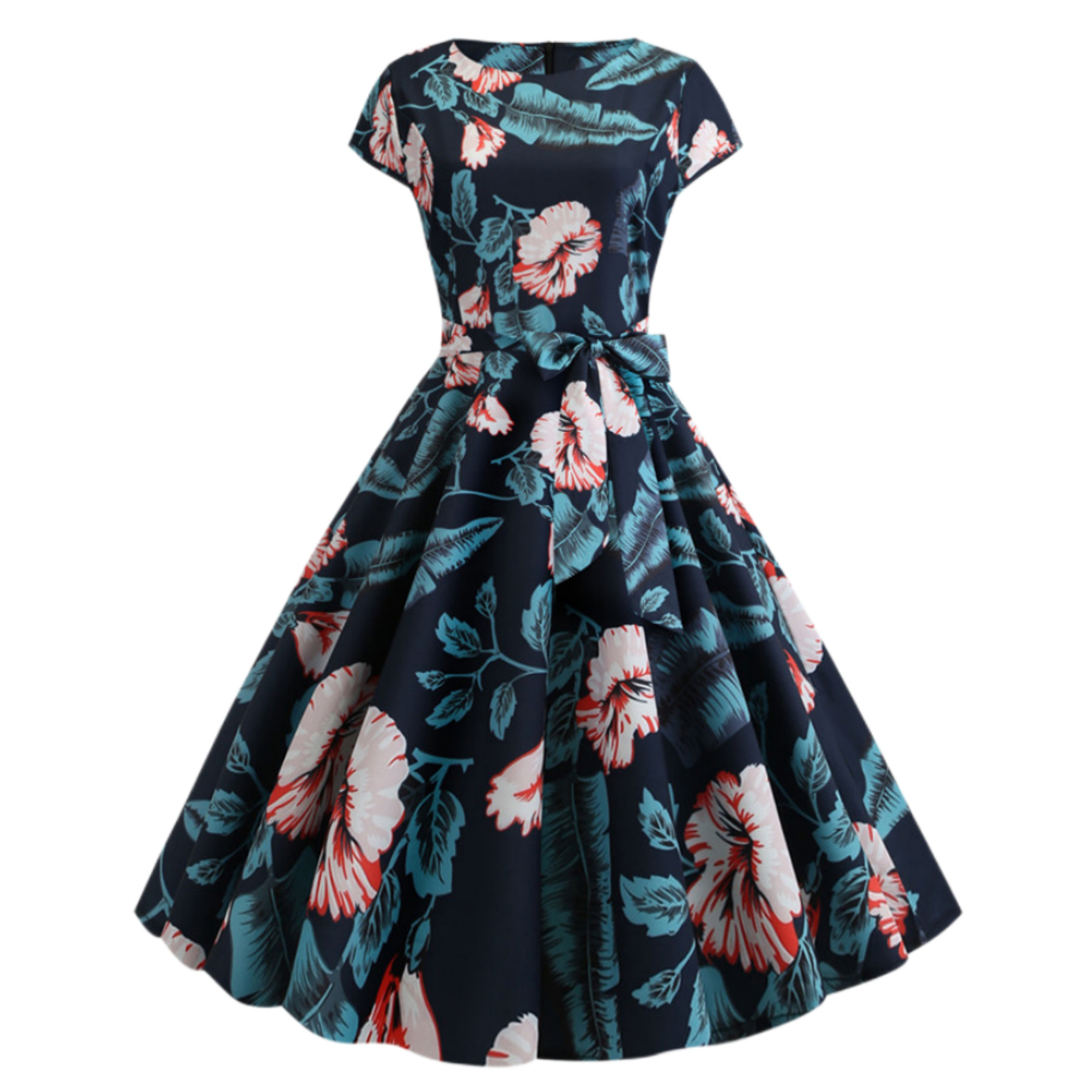 Retro Crew Neck Sleeve Waist Belt Printed Large Swing Dress