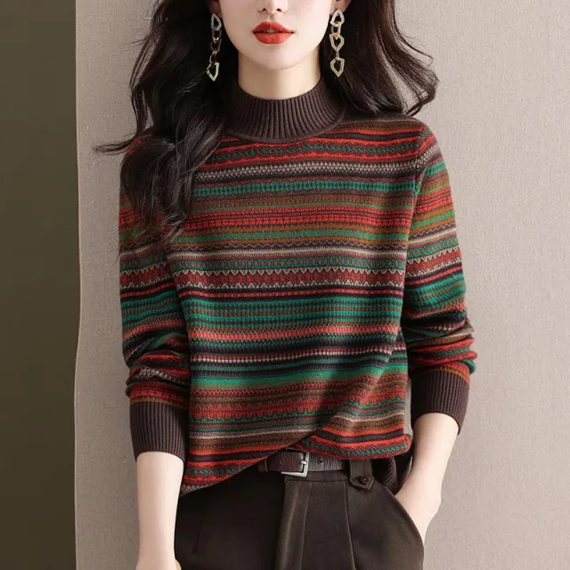 Half Turtleneck Retro Brocade Sweater Women's All matching Western Style Orange - Shop at LoveMi