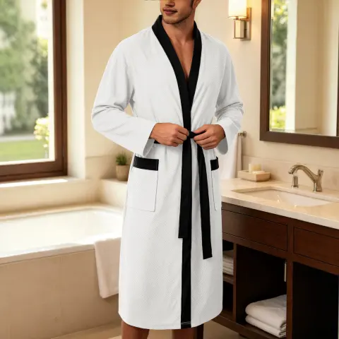 Mens Twill Terry Cloth Casual Long Robe with Two