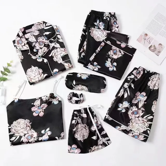 Spring And Autumn Printed Imitated Silk Pajamas Clothing Black - Shop at LoveMi