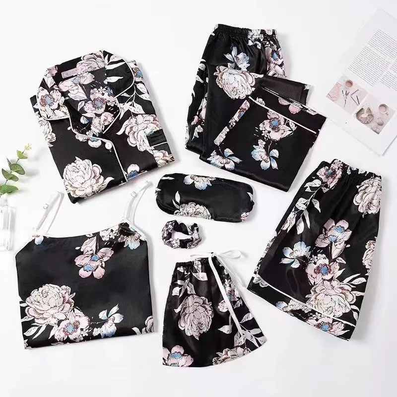 Spring And Autumn Printed Imitated Silk Pajamas Clothing - Black Lily