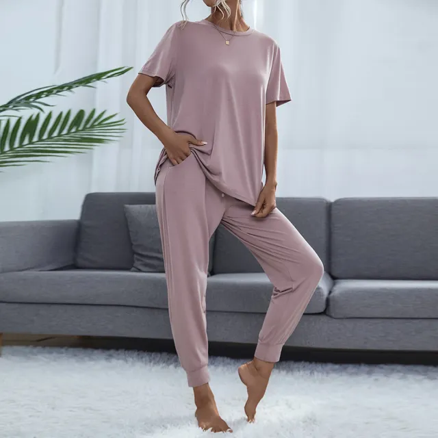 Women's Pocket Short Sleeve Trousers Suit Purple - Shop at LoveMi