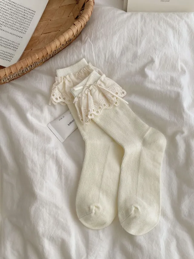 Ins Ballet Style Blogger Same Style Tube Socks Hollow Cherry Lace Bow Socks Japanese JK Girl Bunching Socks Beigewhite - Shop at LoveMi
