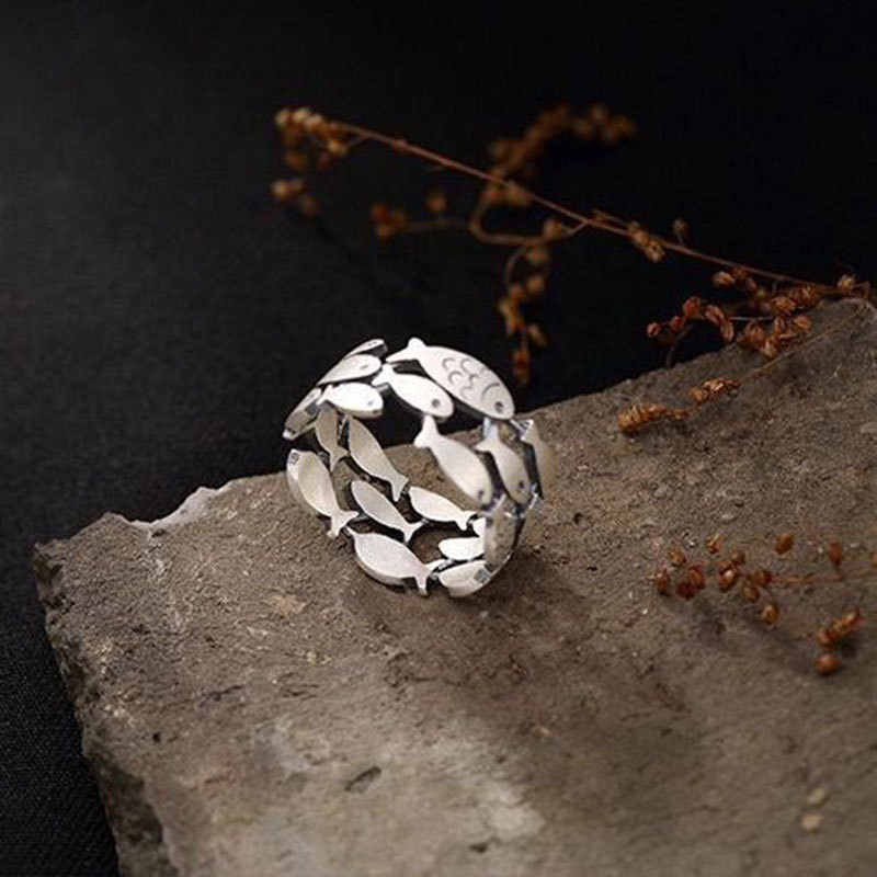 Cute Swimming Fish Vintage Distressed Handmade Ring Opening