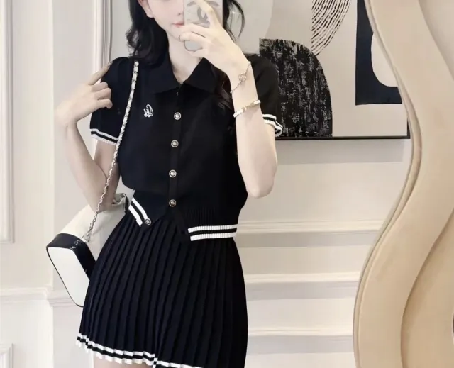 New Summer Polo Shirt Pleated Skirt Women Black Suit - Shop at LoveMi