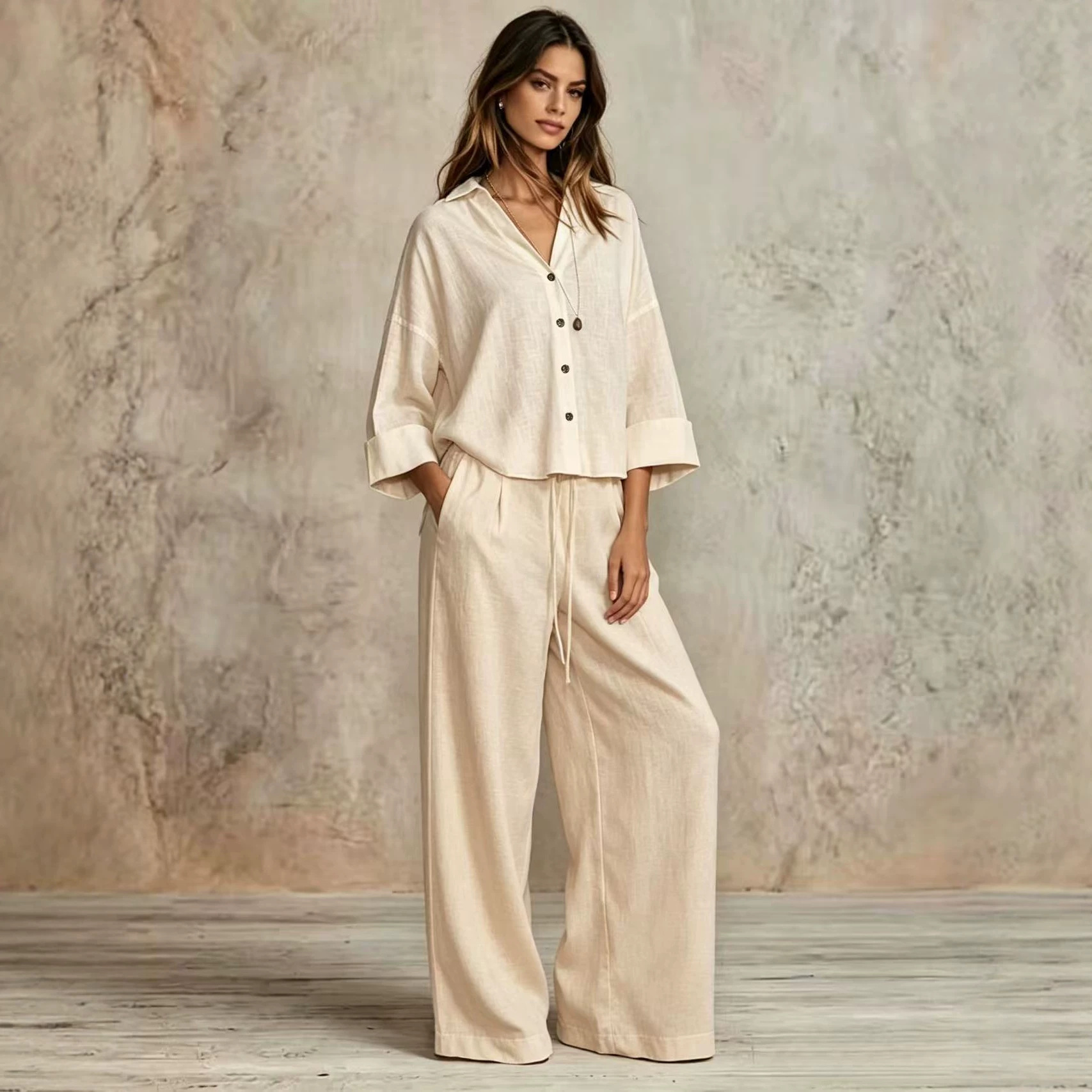 Autumn And Winter Women's Loose-fit Shirt And Wide-leg Pants Two-piece Set
