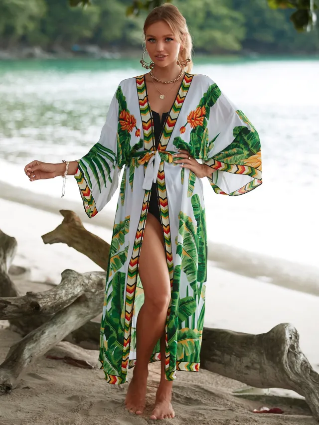 New Rayon Printed Beach Sun Protection Outerwear Cover up Women Zs20855 Green Leaves - Shop at LoveMi