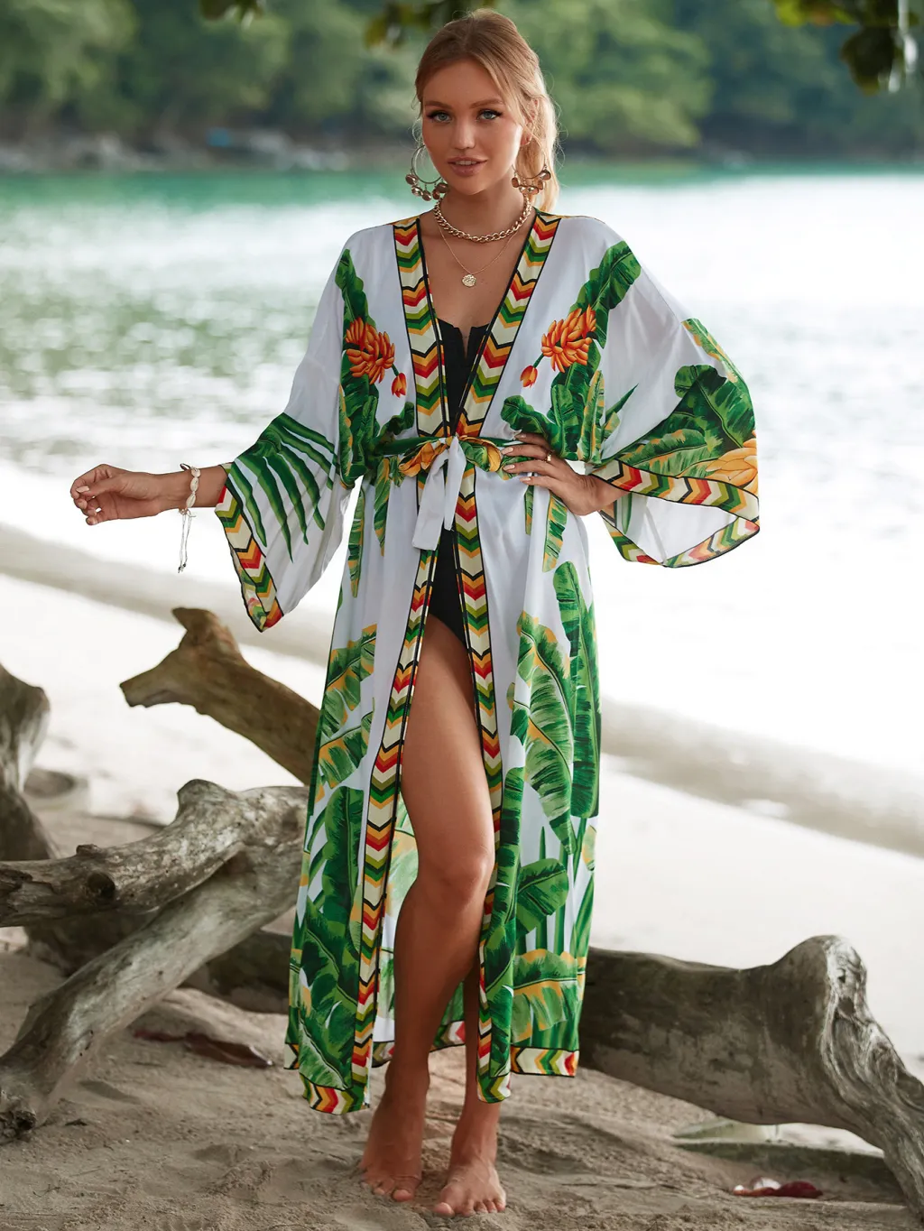 New Rayon Printed Beach Sun Protection Outerwear Cover-up Women - Zs20855 Green Leaves
