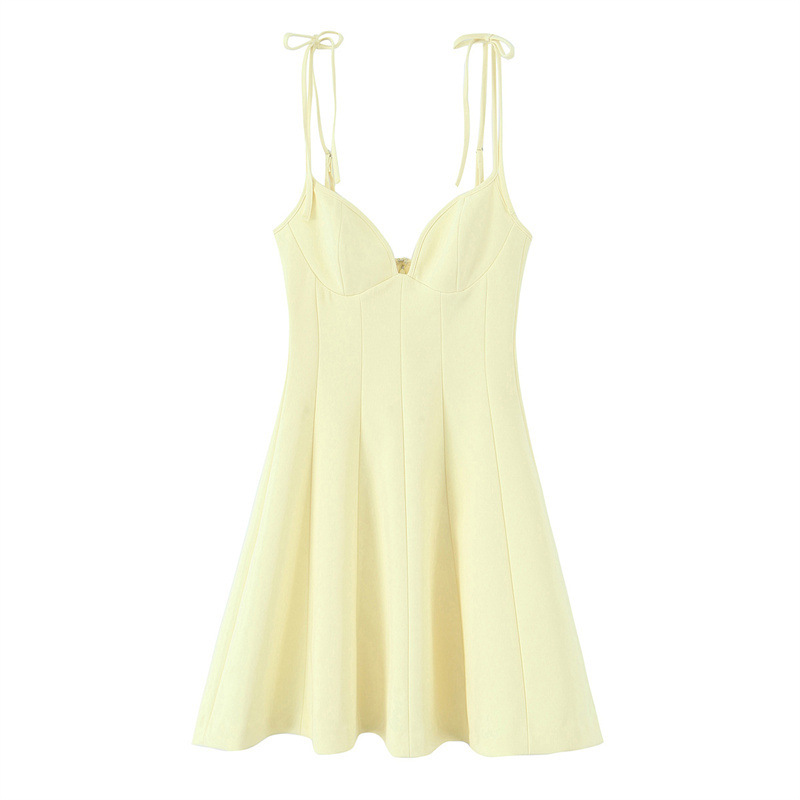 Bowknot Trim Short Sling Dress Yellow - Shop at LoveMi