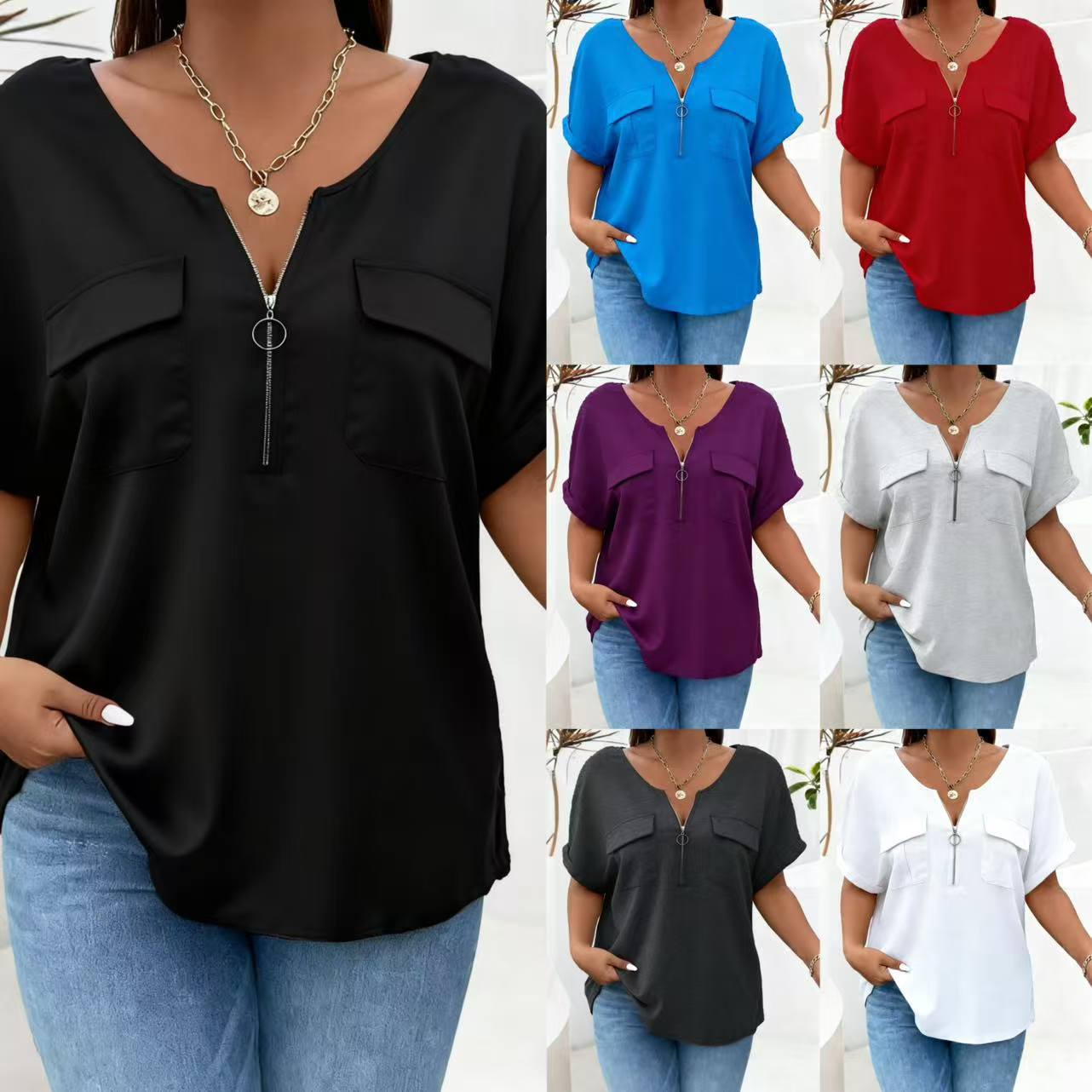 Plus-size Womens Top Zipped, Short-sleeved, Pocketed, Relaxed-fit T-shirt
