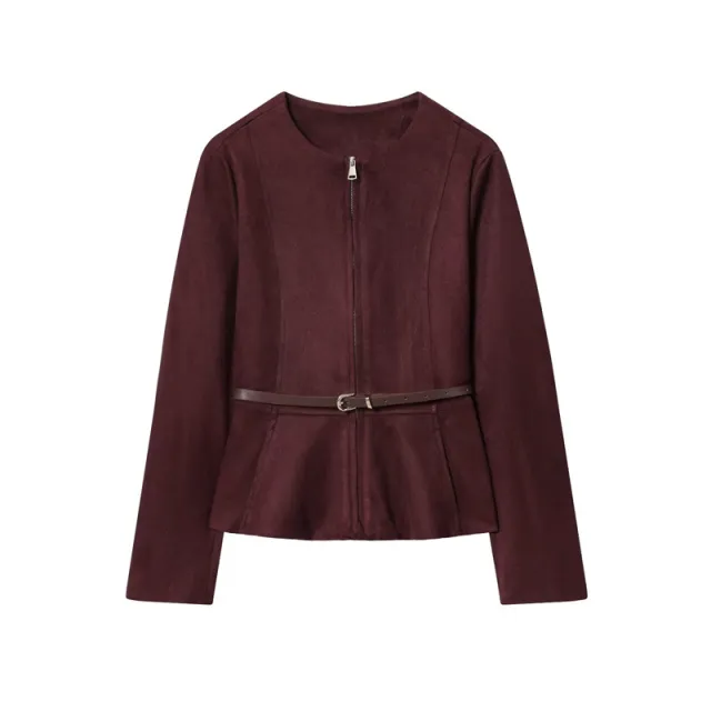 Denim Leather Short Skirt Hem Jacket Wine Red - Shop at LoveMi