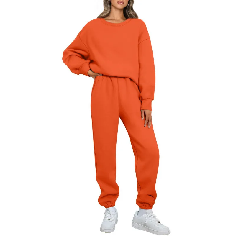 Winter Solid-color Fashionable Crew-neck Pullover With Fleece Lining - Orange