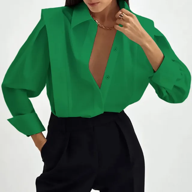 Niche European, American And French Style Commuter Right angle Shoulder Slimming Shirt Women's Long Sleeve Stitching Sense Green - Shop at LoveMi