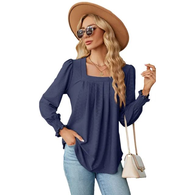 Women's Fashion Casual Jacquard Pleated Square Collar Long Sleeve Blue - Shop at LoveMi