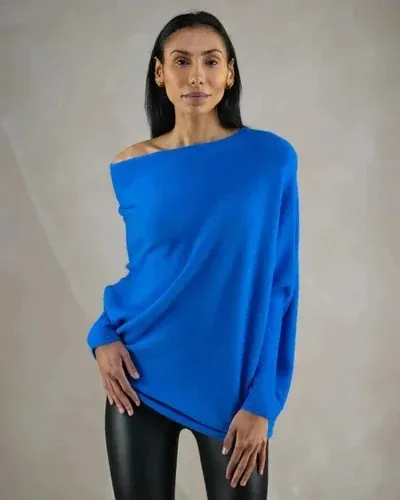 Solid Color Round neck Comfortable Temperament Knitted Sweater Blue - Shop at LoveMi
