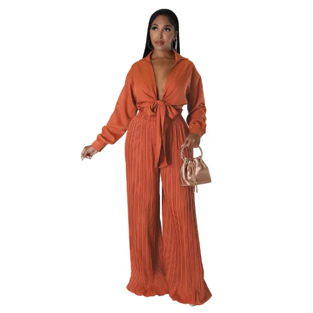 Cross Border Autumn Best selling Women's Long Sleeve V neck Lace up Top Pleated Blouse And Pants Orange - Shop at LoveMi