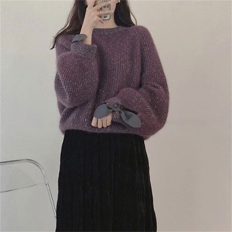 Title 6, Lazy Fashion Bow Lantern Sleeve Mink-like Knitwear