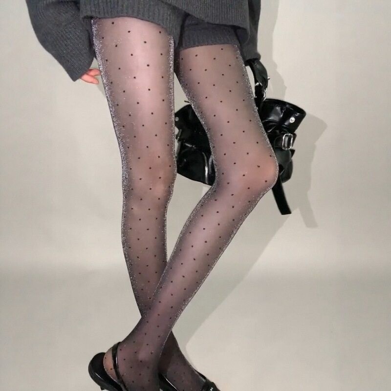 Polka-dot Black Silk Stockings With Shimmering Pearly Silver Thread