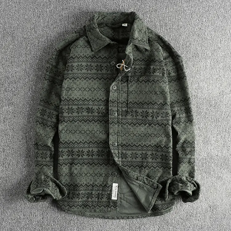 Men's Vintage Totem Printed Washed Corduroy Long-sleeved Shirt