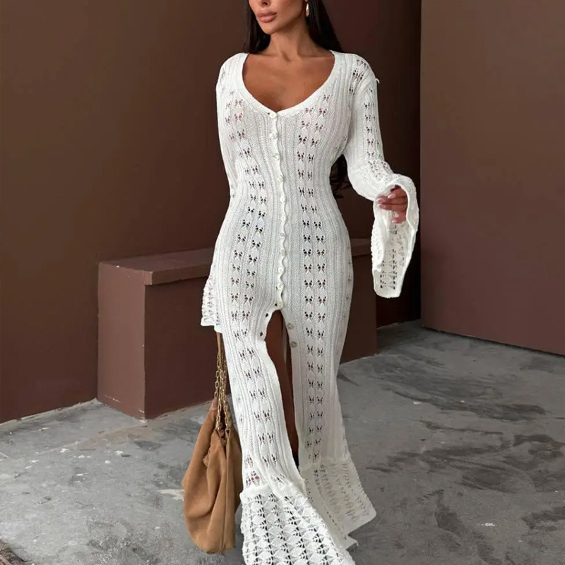 Women's Solid-Color Long Knitted Cardigan Outerwear