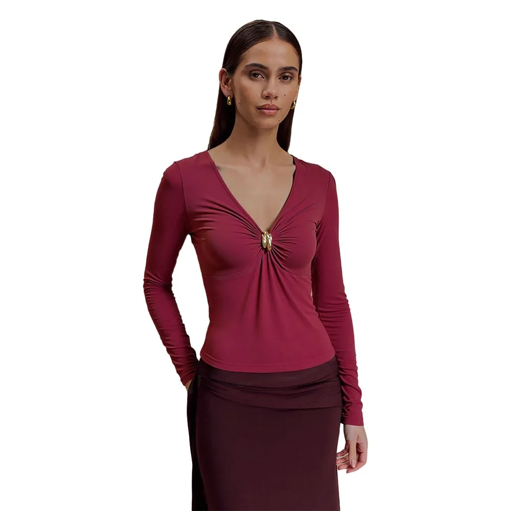Wine Red V-neck T-shirt Women's FallWinter Slim Inner Match Slimming Top - Purplish Red