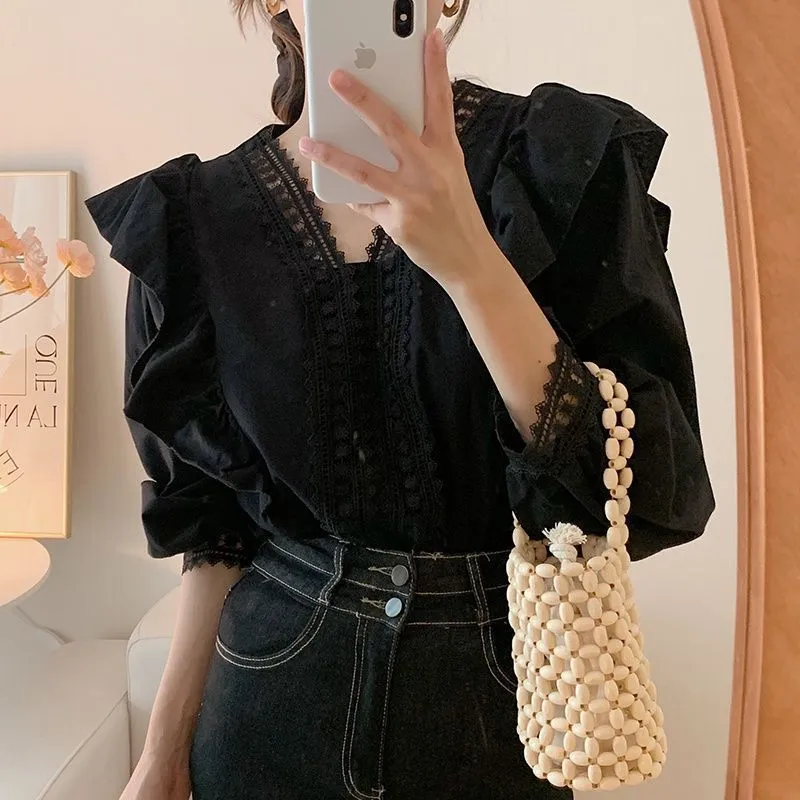 Ruffled Collar Lotus Loose Long Sleeve Shirt - Black