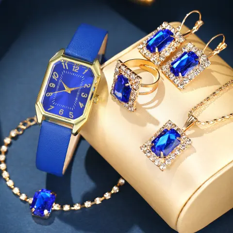 Leather Women's Watch Square Quartz Korean Necklace Earrings Ring