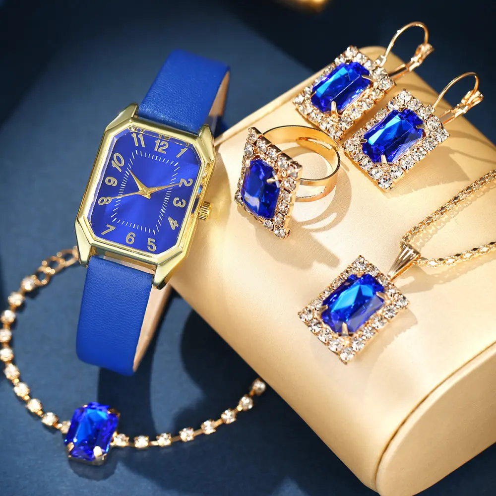 Leather Women's Watch Square Quartz Korean Necklace Earrings Ring