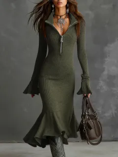 Pleated-collar Flared-sleeve Knitted Mermaid Skirt - Green - View 1